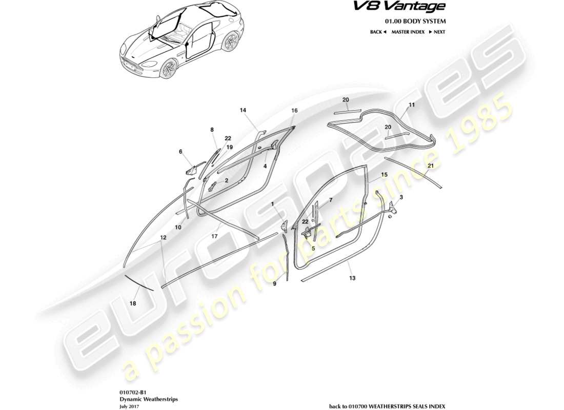 aston martin v8 vantage (2018) dynamic weatherstrips, coupe part diagram