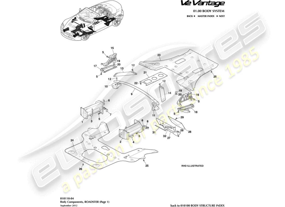 aston martin v12 vantage (2013) body components, roadster part diagram
