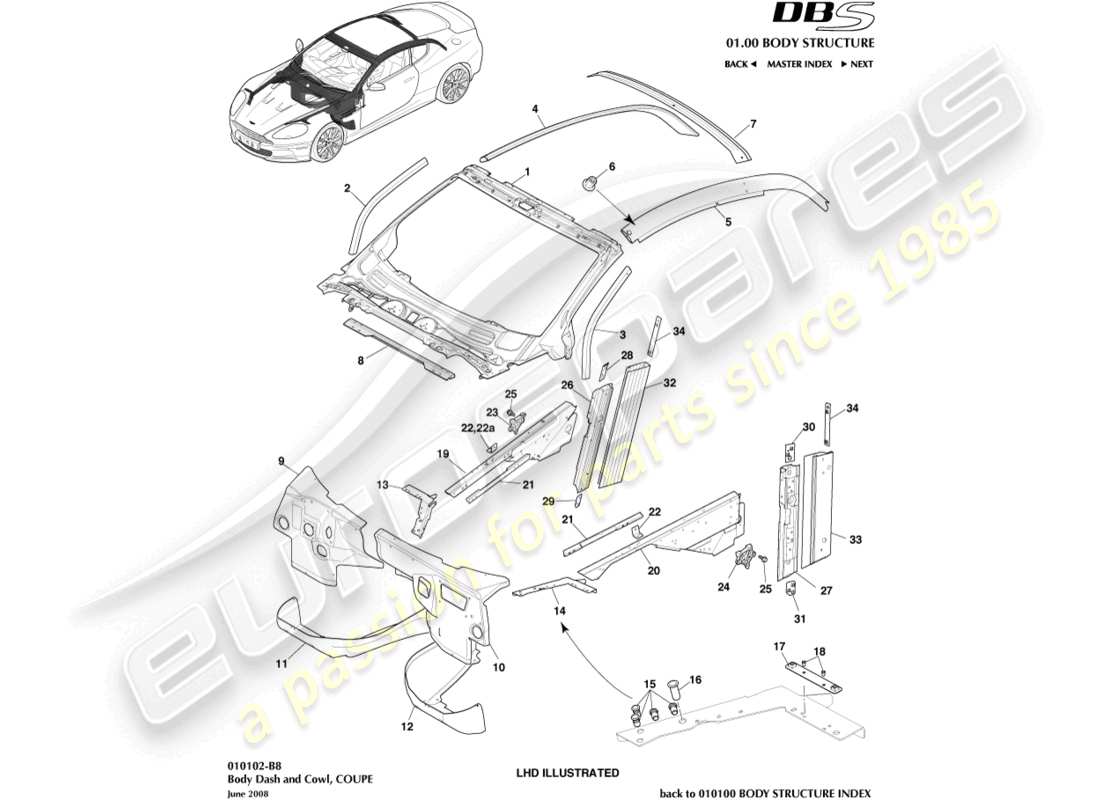 aston martin dbs (2008) body dash and cowl, coupe part diagram