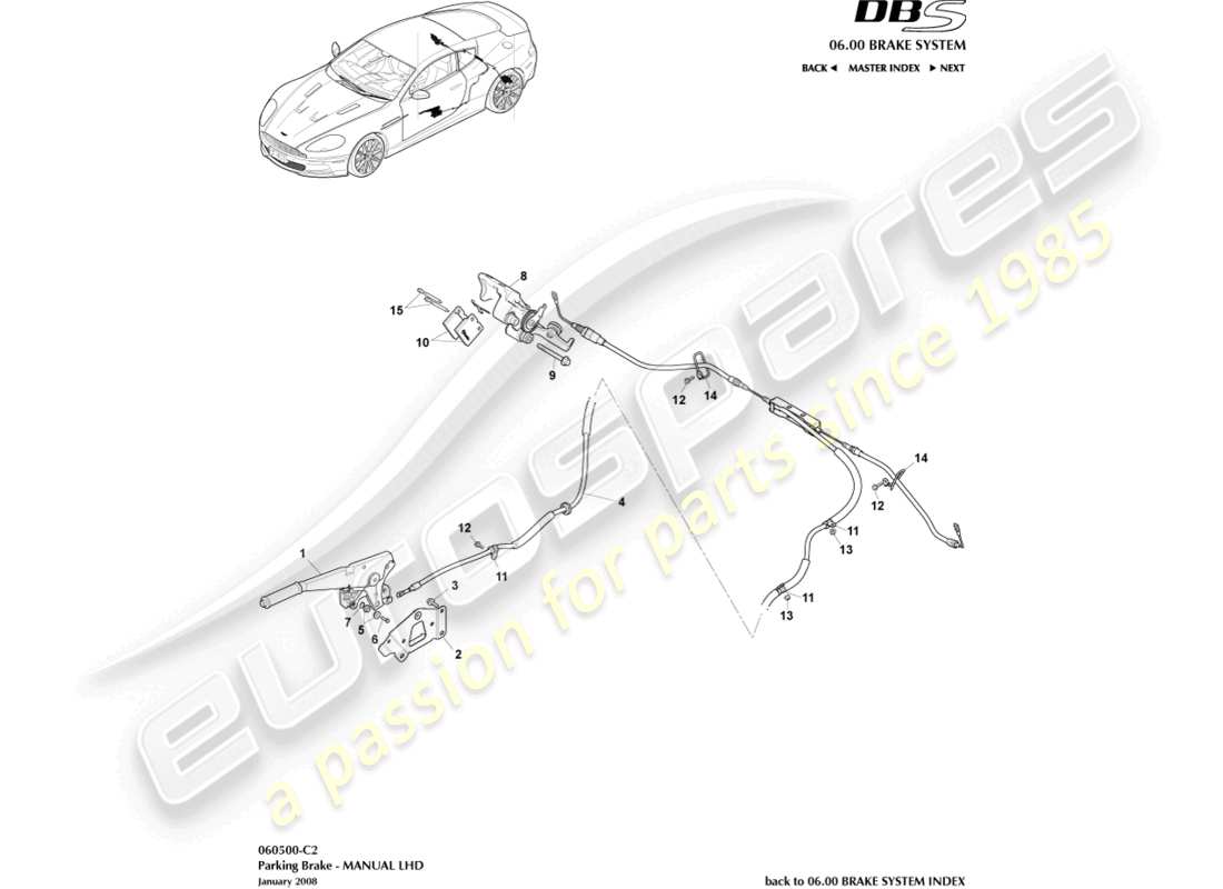 aston martin dbs (2009) parking brake, lhd part diagram