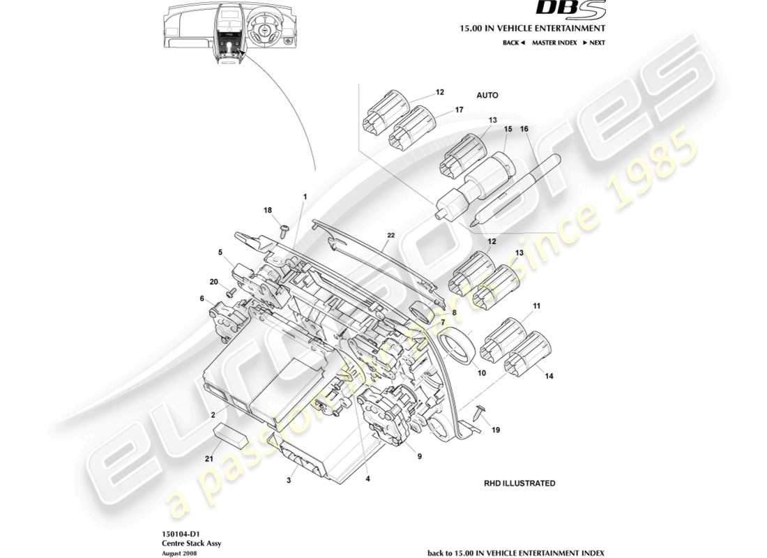 aston martin dbs (2008) centre stack part diagram