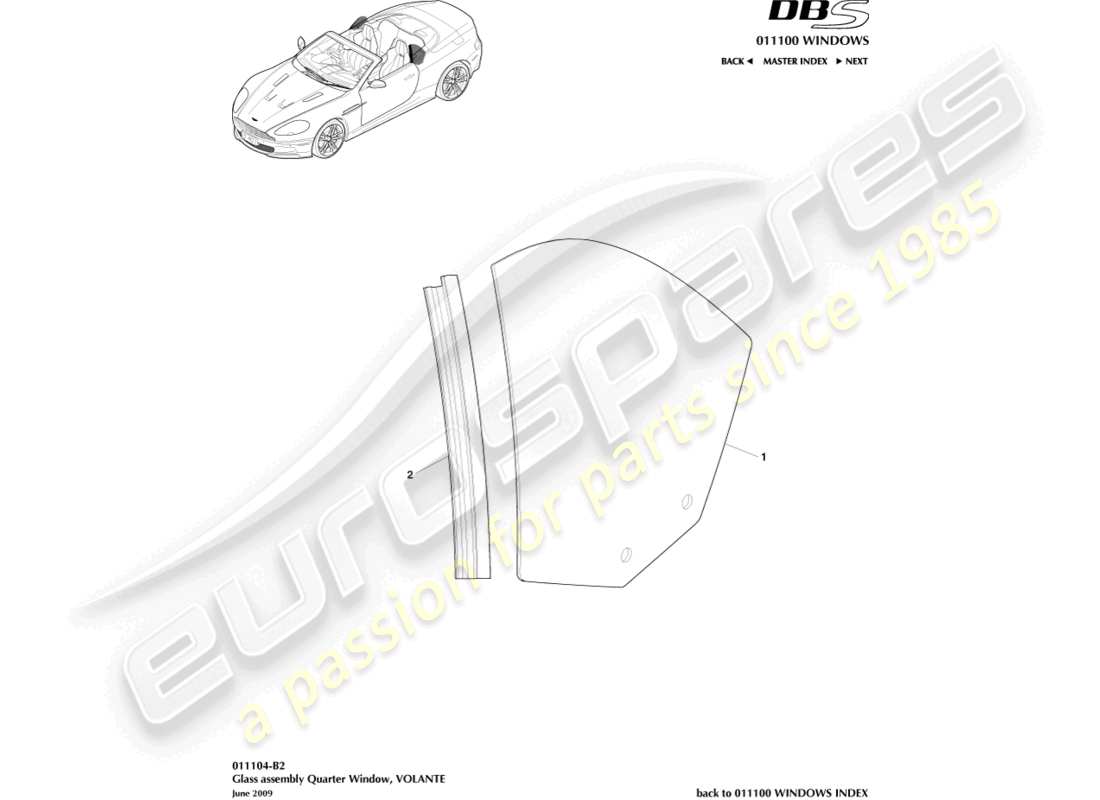 aston martin dbs (2010) rear quarter glass, volante part diagram