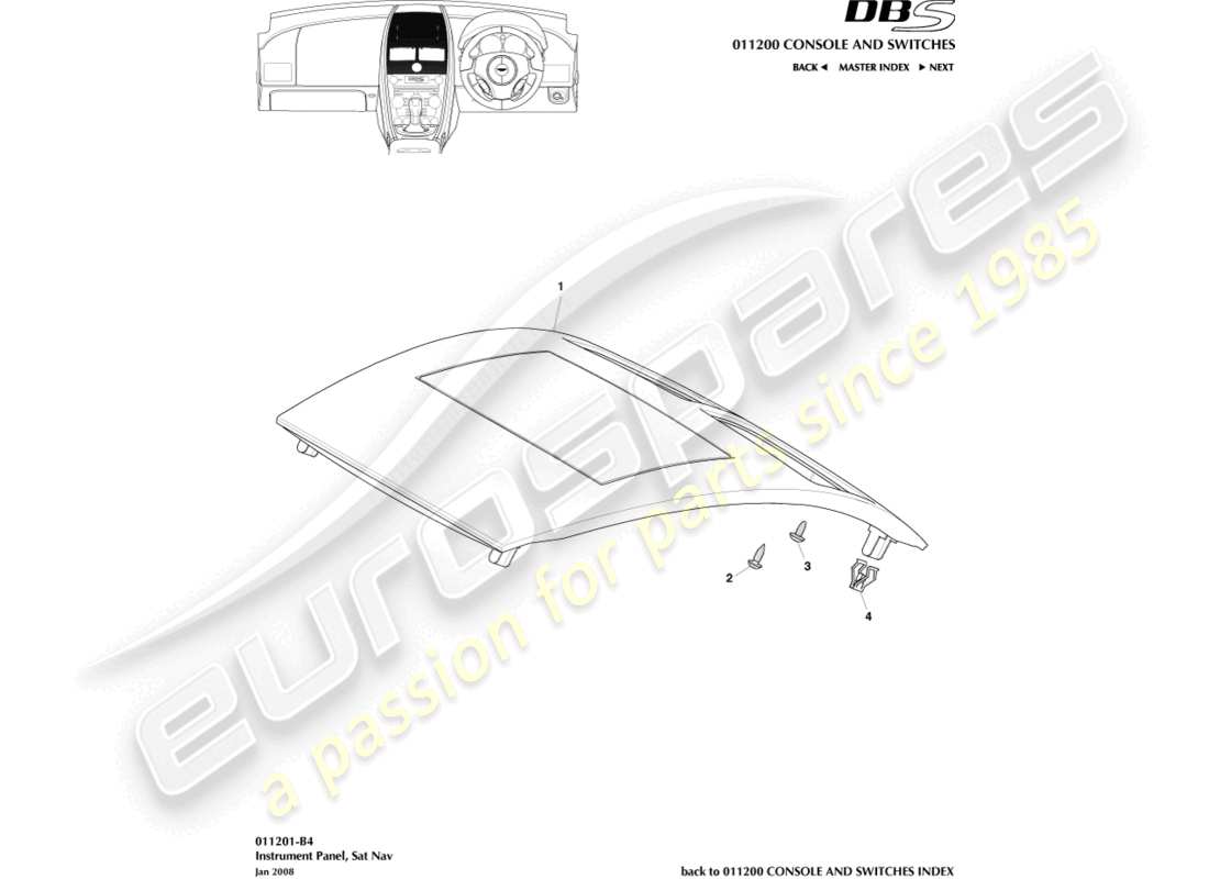 aston martin dbs (2010) instrument panel, sat nav part diagram