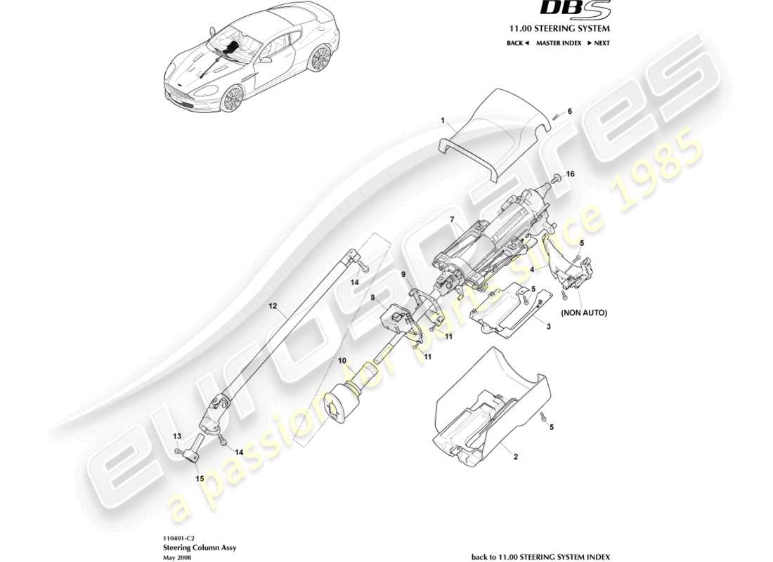 aston martin dbs (2010) steering column assembly part diagram