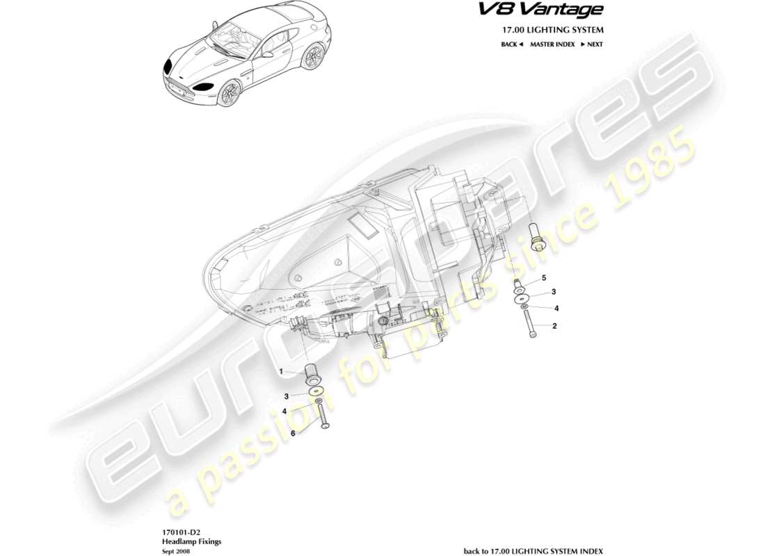 aston martin v8 vantage (2018) headlamp fixings part diagram