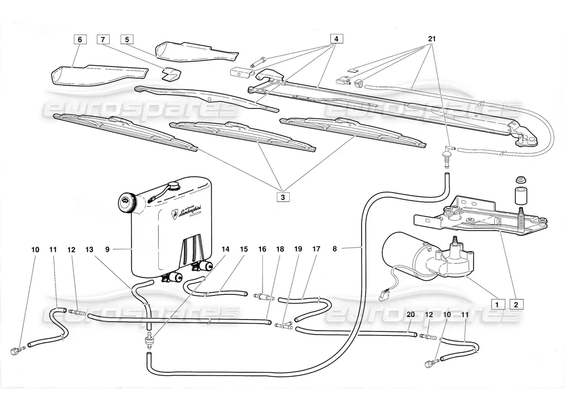 lamborghini diablo (1991) windscreen wiper and headlamp washers (valid for june 1992 version) parts diagram
