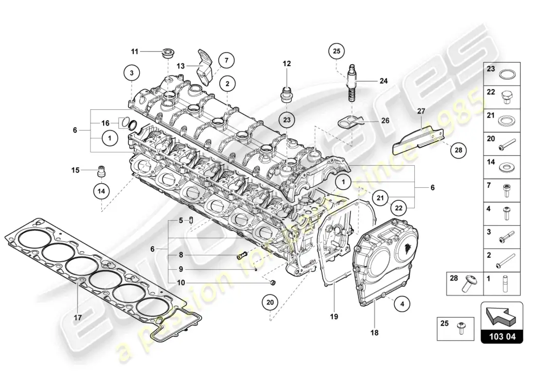 lamborghini lp740-4 s roadster (2019) cylinder head with studs and centering sleeves part diagram