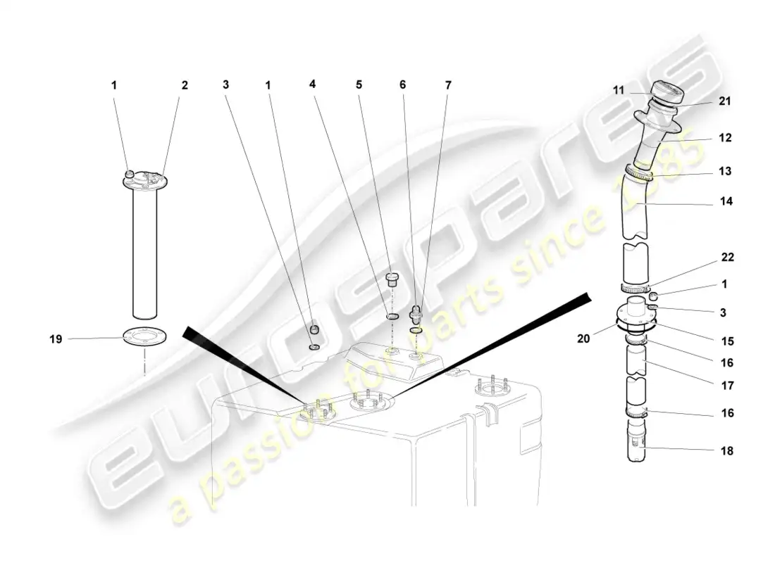 lamborghini murcielago coupe (2003) fuel filler pipe with attachments parts diagram