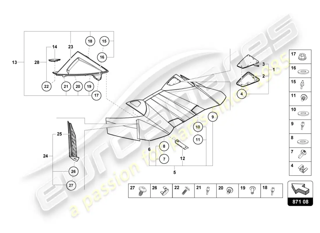 lamborghini evo spyder (2020) conv. top, hinge cover parts diagram