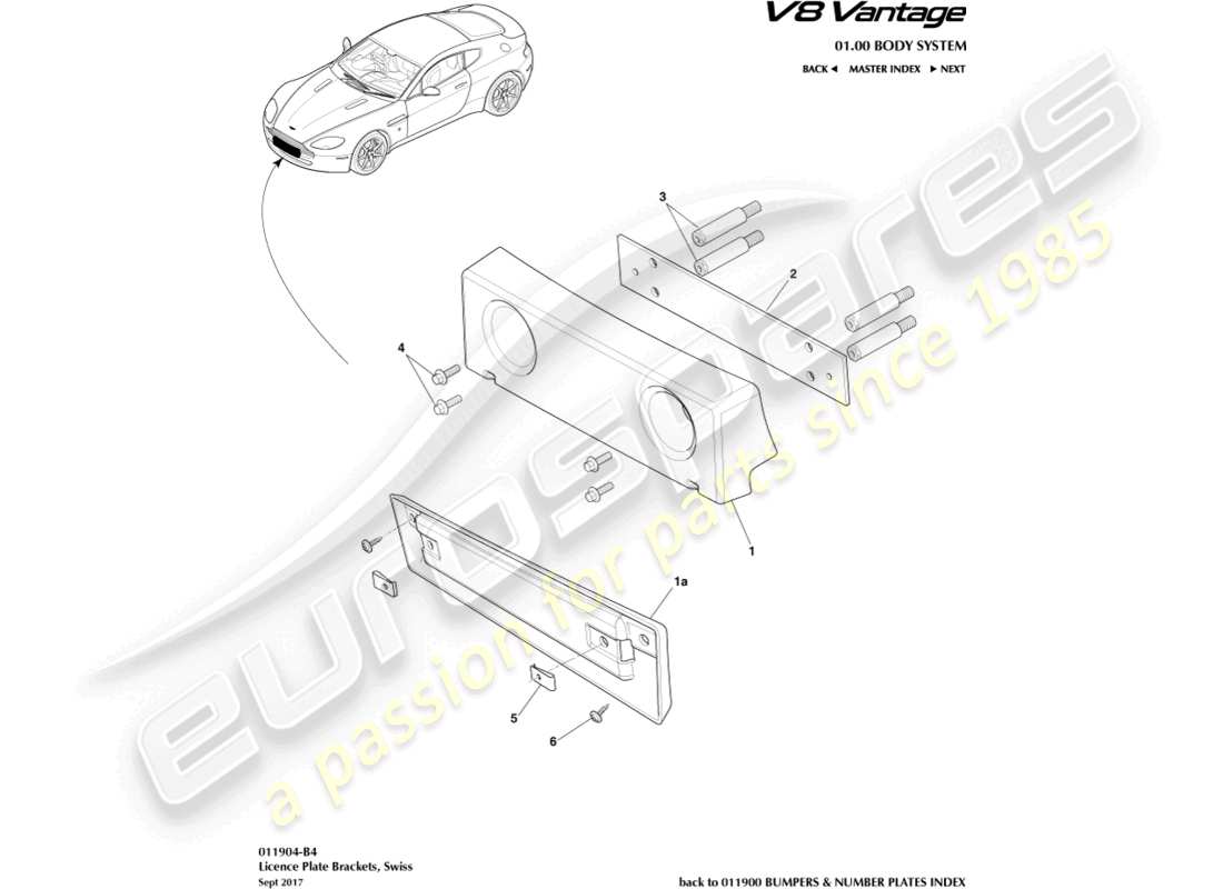 aston martin vantage gt8 (2017) license plate brackets, swiss part diagram