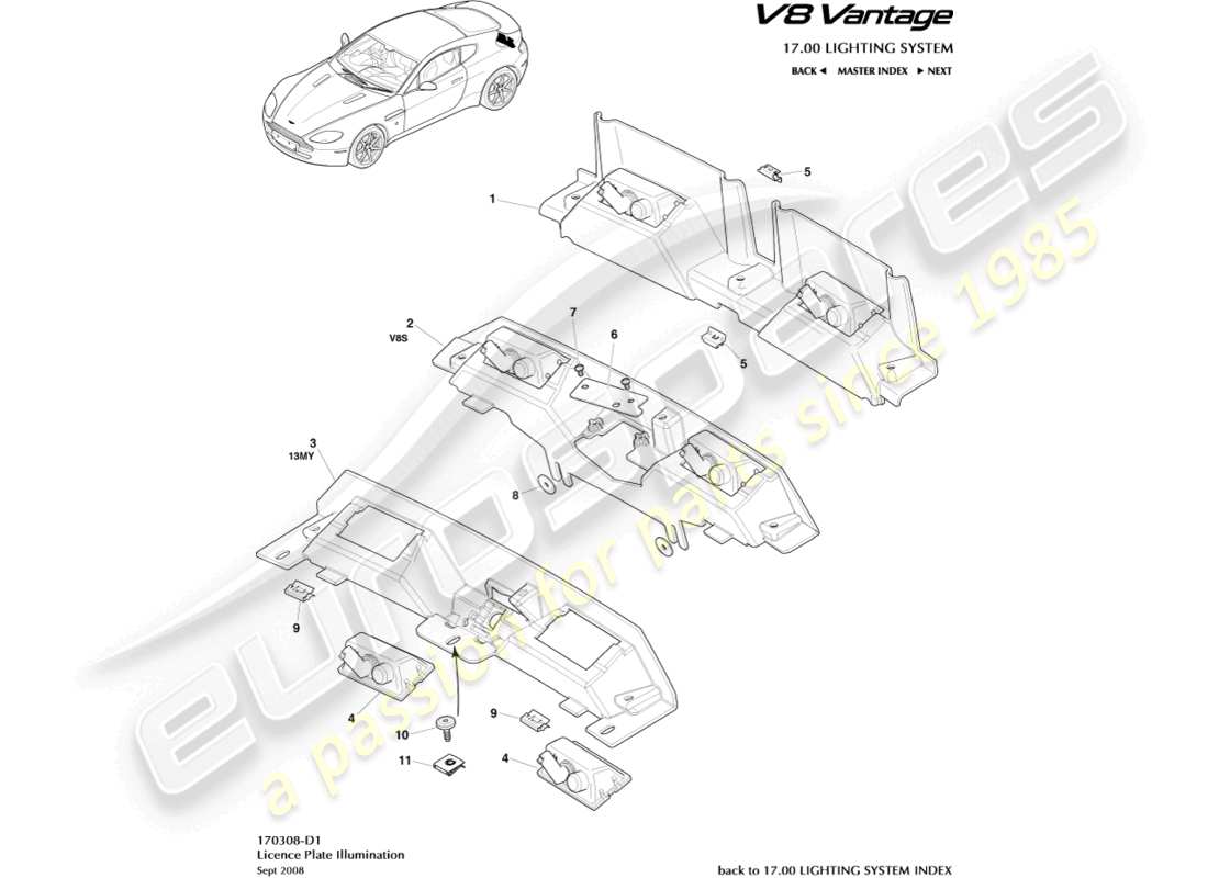 aston martin v8 vantage (2018) license plate lamps part diagram