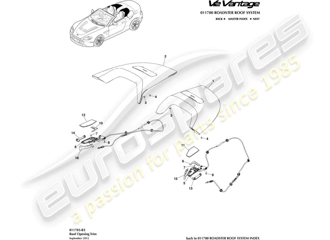 aston martin v12 vantage (2013) roof opening trim part diagram