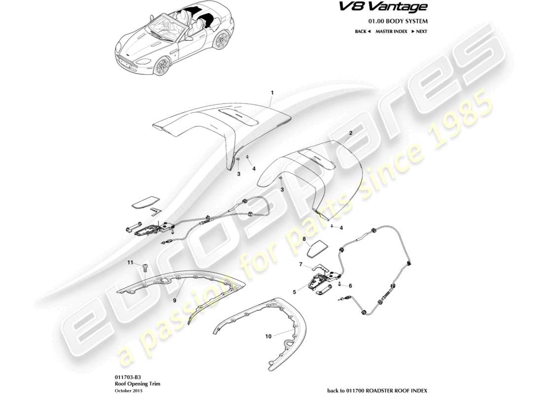 aston martin v8 vantage (2018) roof opening trim part diagram