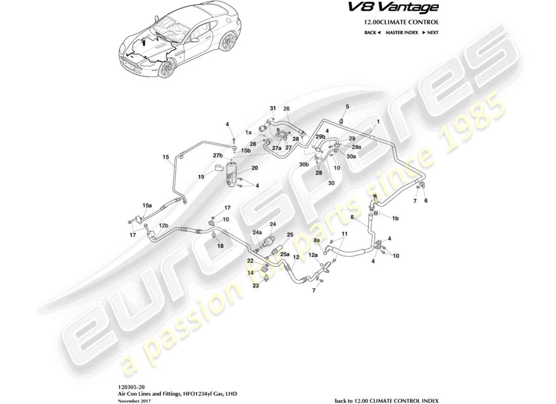 aston martin v8 vantage (2018) air con lines, hfo1234yf gas, lhd part diagram