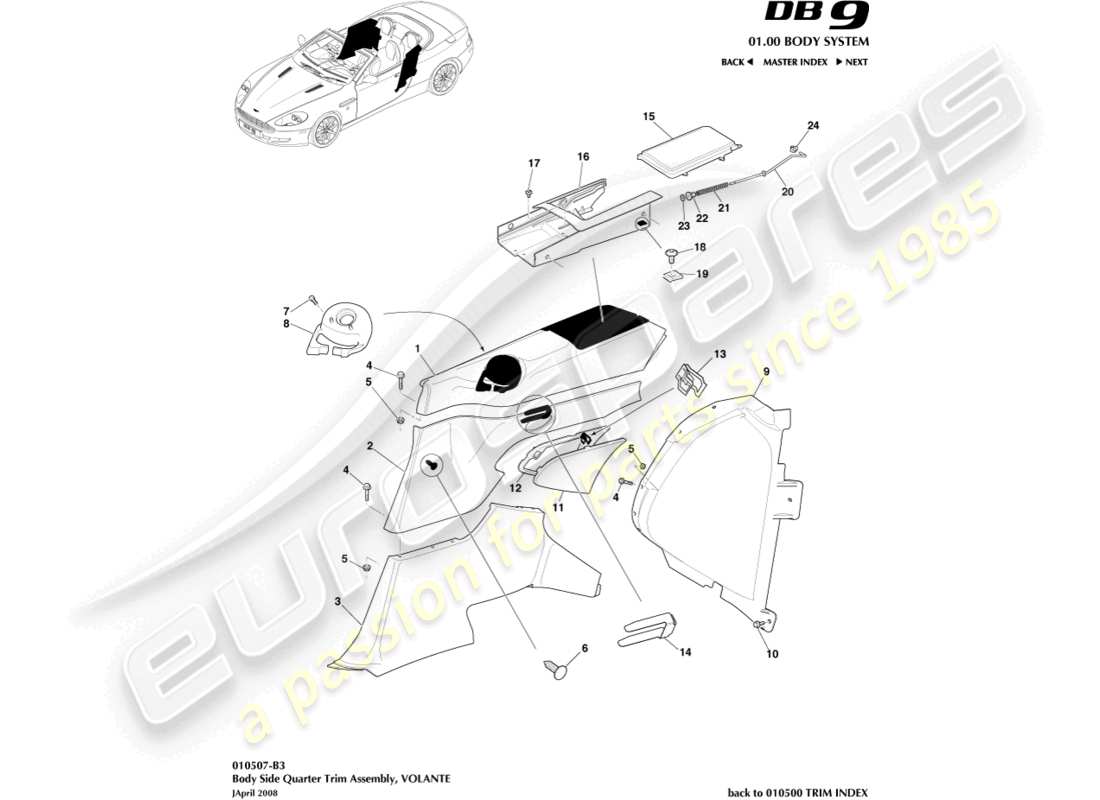 aston martin db9 (2004) body side quarter trim, volante parts diagram