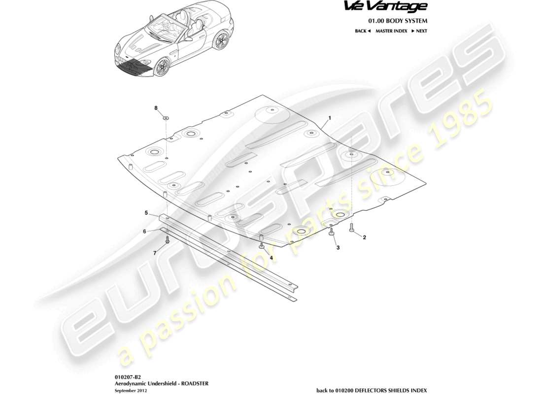 aston martin v12 vantage (2010) front undershield, roadster part diagram