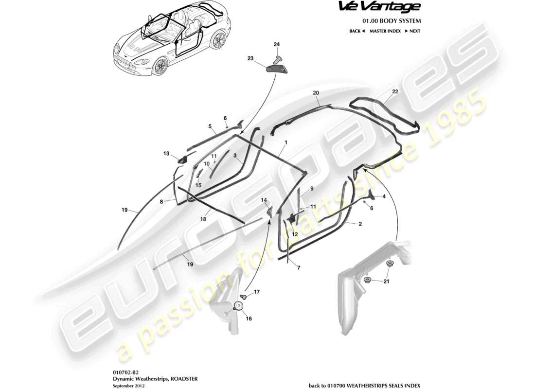 aston martin v12 vantage (2010) dynamic weatherstrips, roadster part diagram