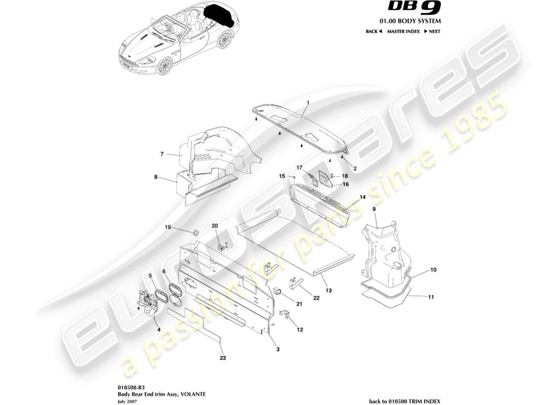 aston martin db9 (2010) rear end trim, volante part diagram