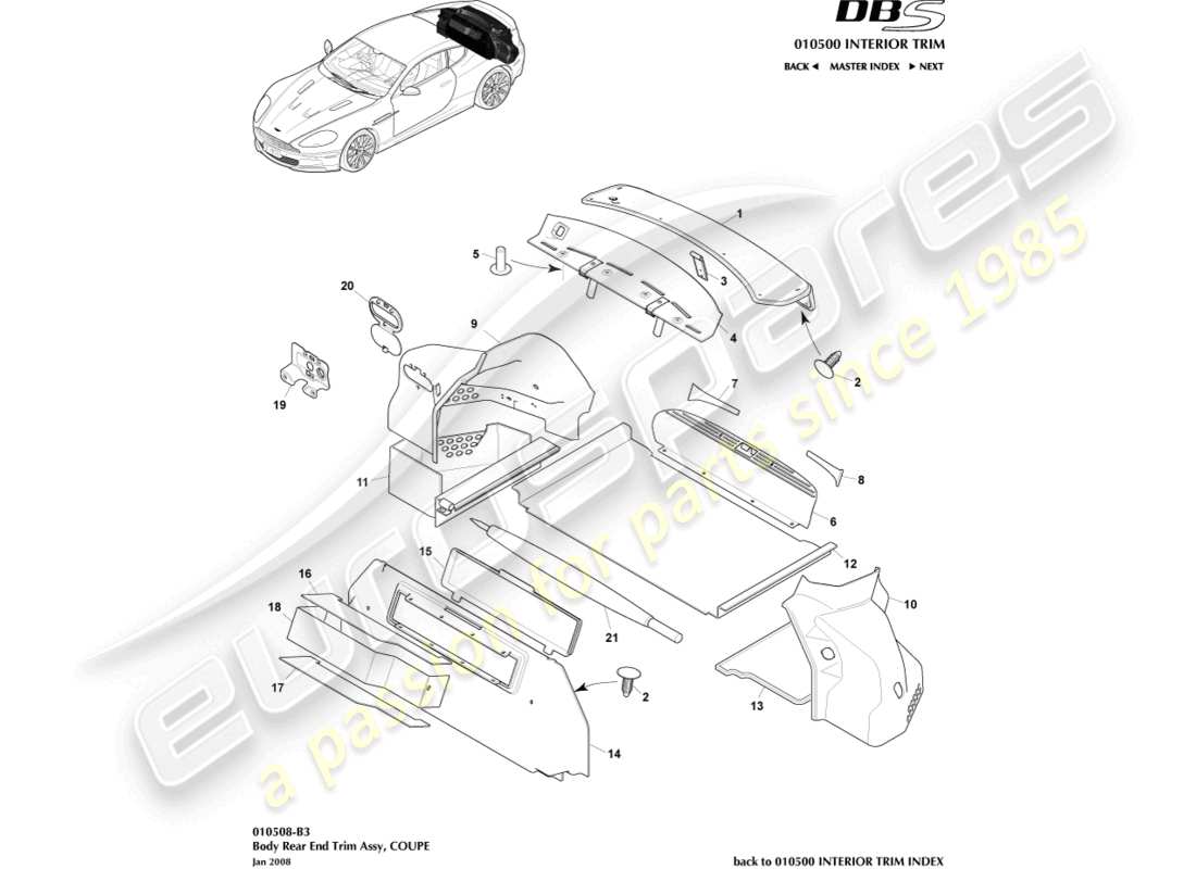 aston martin dbs (2008) rear end trim, coupe part diagram