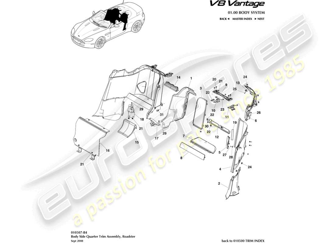 aston martin v8 vantage (2008) body side quarter trim, roadster parts diagram