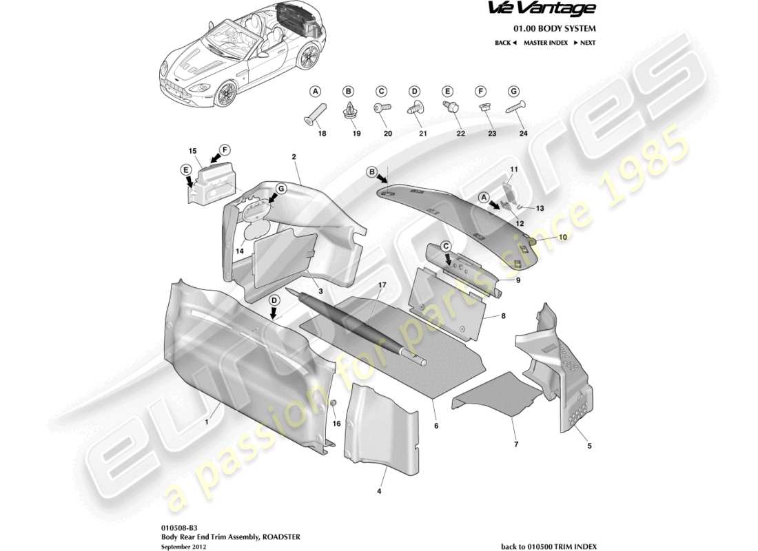 aston martin v12 vantage (2013) load compartment trim, roadster part diagram