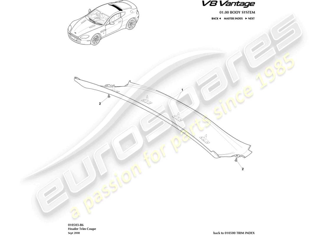 aston martin v8 vantage (2018) header trim, rear, coupe part diagram