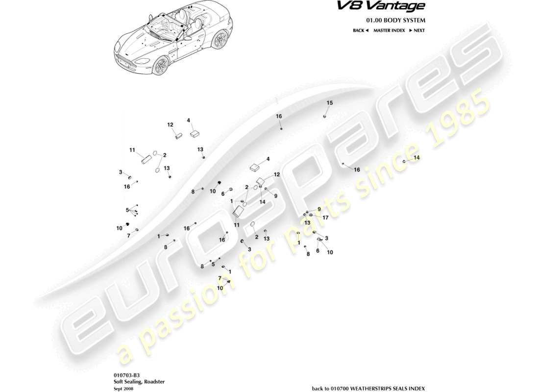 aston martin v8 vantage (2015) soft sealing, roadster part diagram