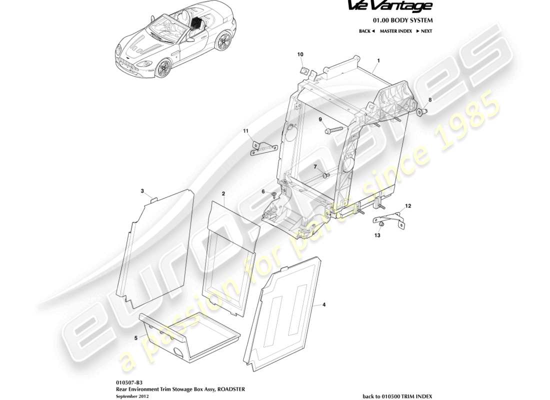 aston martin v12 vantage (2013) rear enviroment trim, roadster part diagram