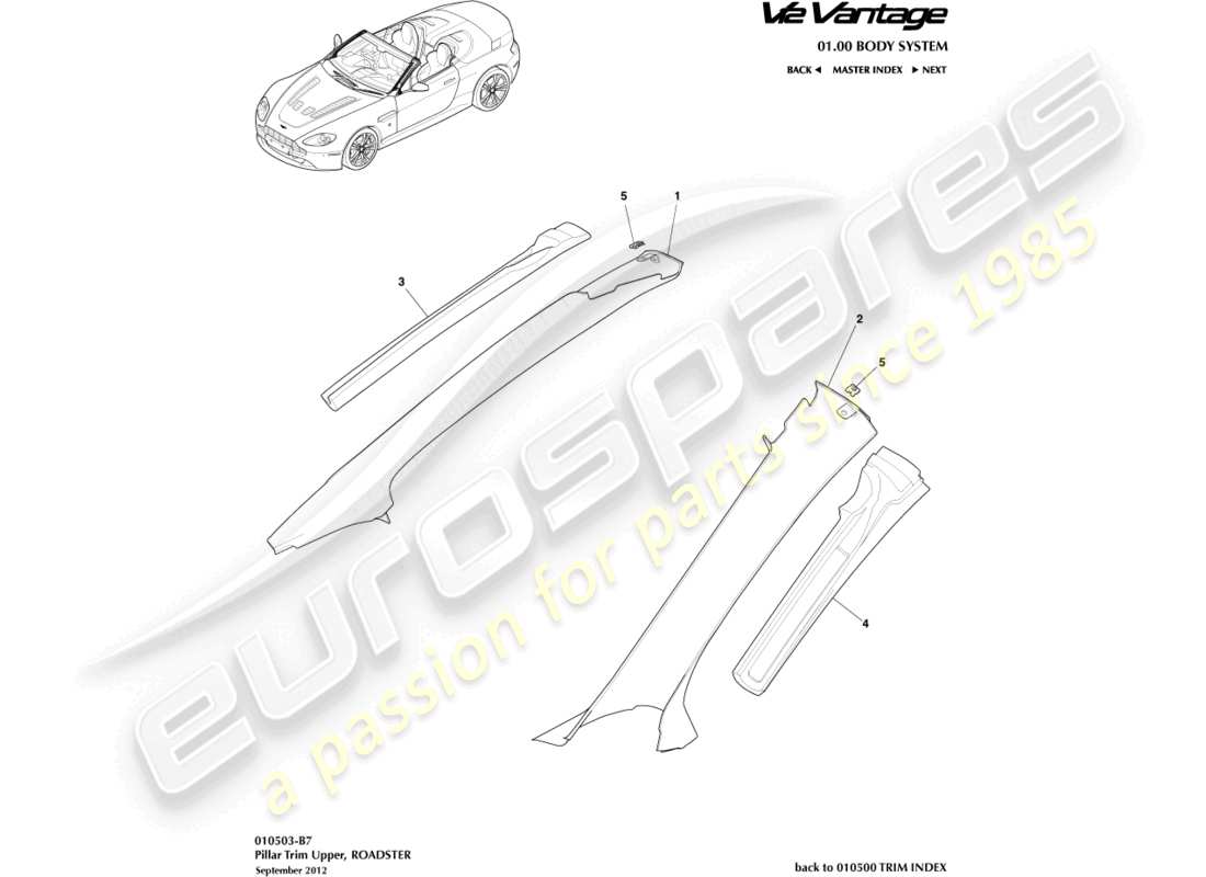 aston martin v12 vantage (2013) pillar trim, upper, roadster parts diagram