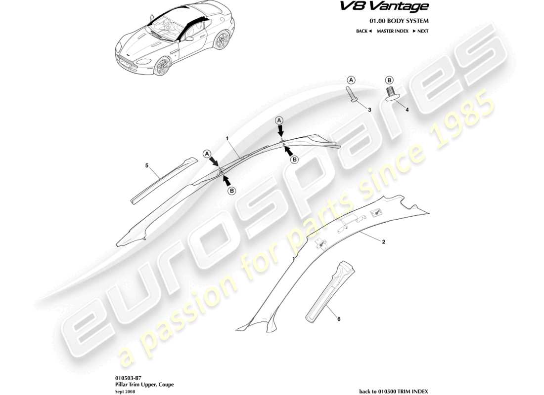 aston martin v8 vantage (2015) pillar trim, upper, coupe part diagram