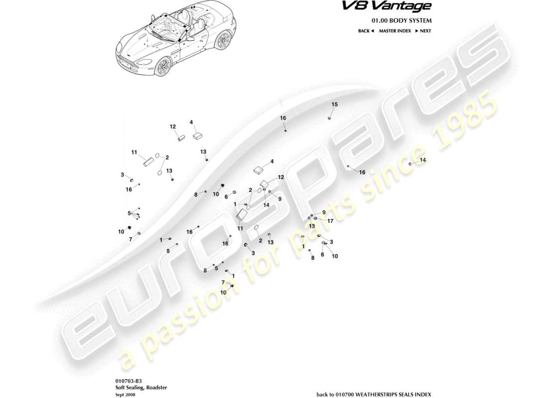 aston martin v8 vantage (2018) soft sealing, roadster part diagram