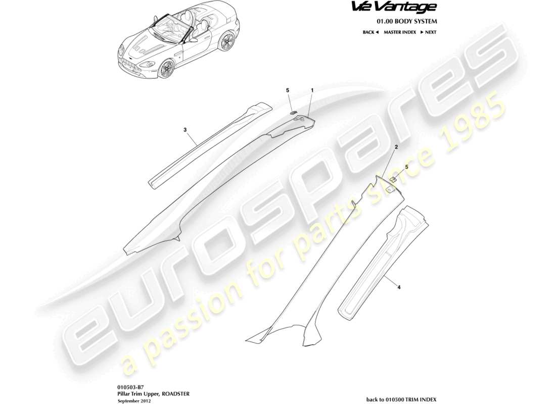 aston martin v12 vantage (2011) pillar trim, upper, roadster part diagram