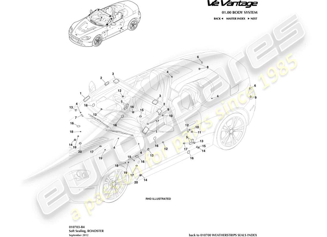 aston martin v12 vantage (2012) soft sealing, roadster part diagram