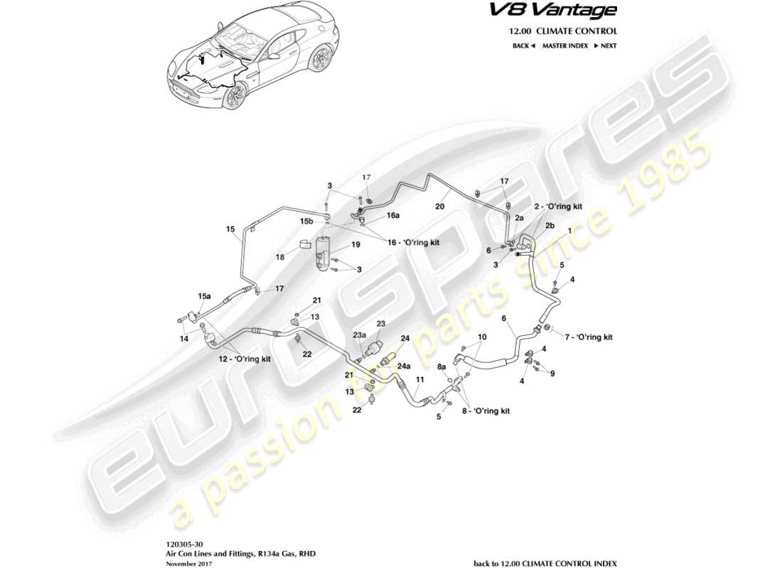 aston martin v8 vantage (2018) air con lines, r134a gas, rhd part diagram