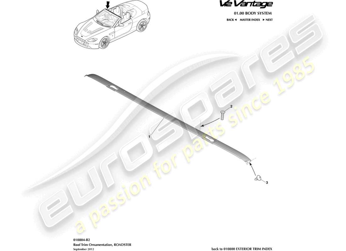 aston martin v12 vantage (2012) roof trim, roadster part diagram