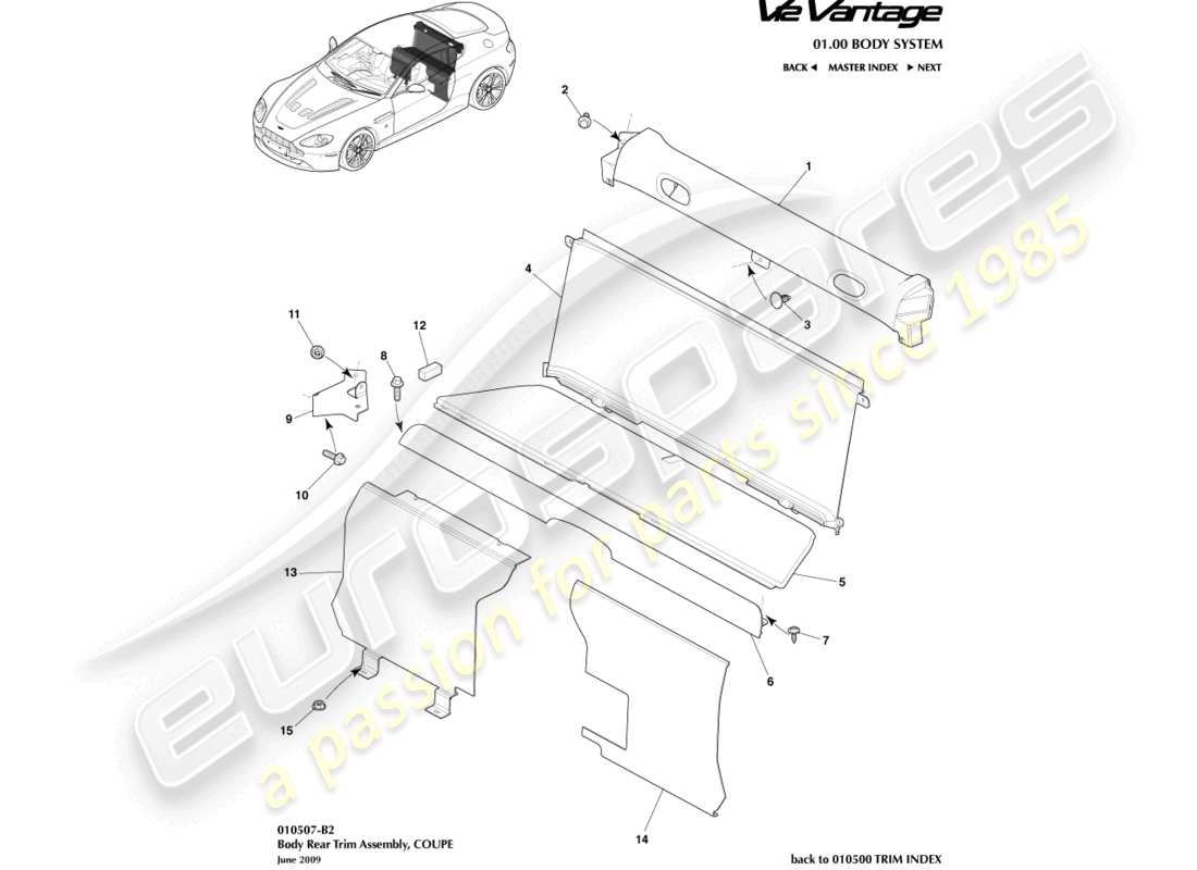 aston martin v12 vantage (2013) rear end trim, coupe part diagram
