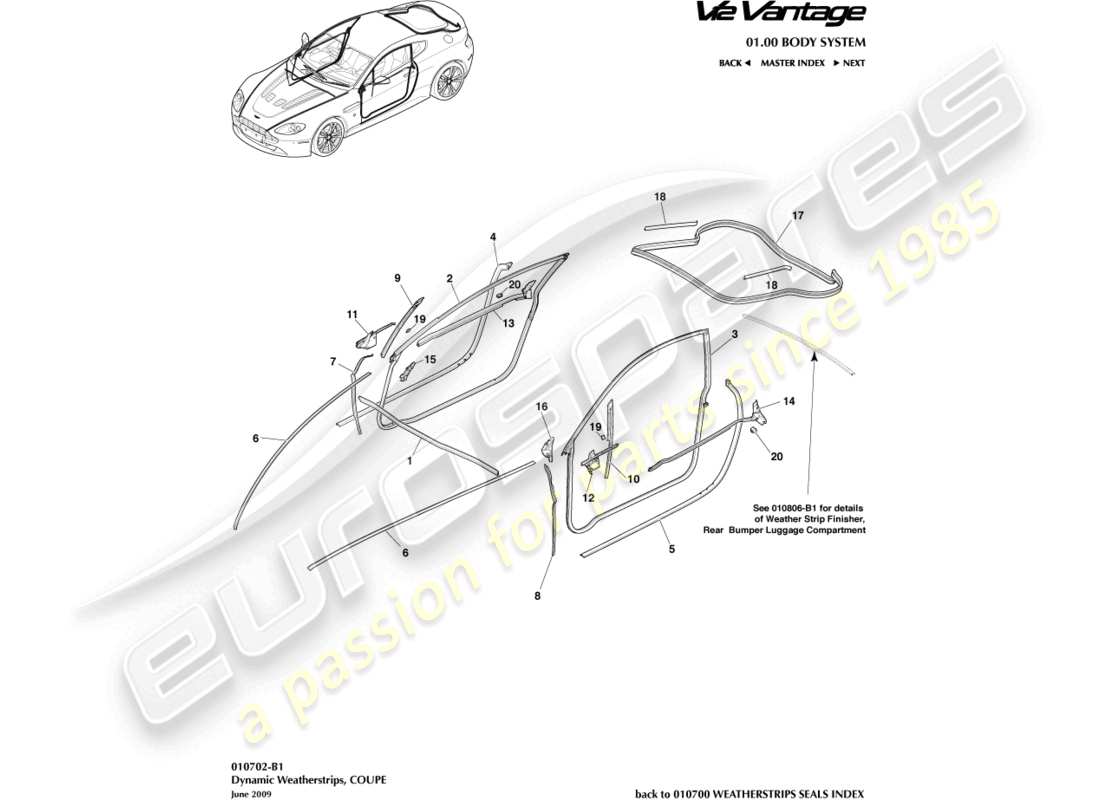 aston martin v12 vantage (2013) dynamic weatherstrips, coupe part diagram