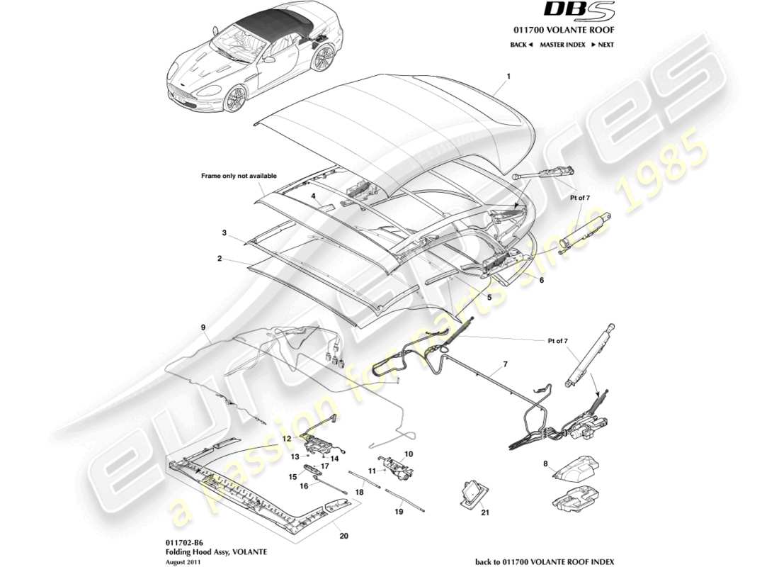 aston martin dbs (2011) volante roof assembly part diagram
