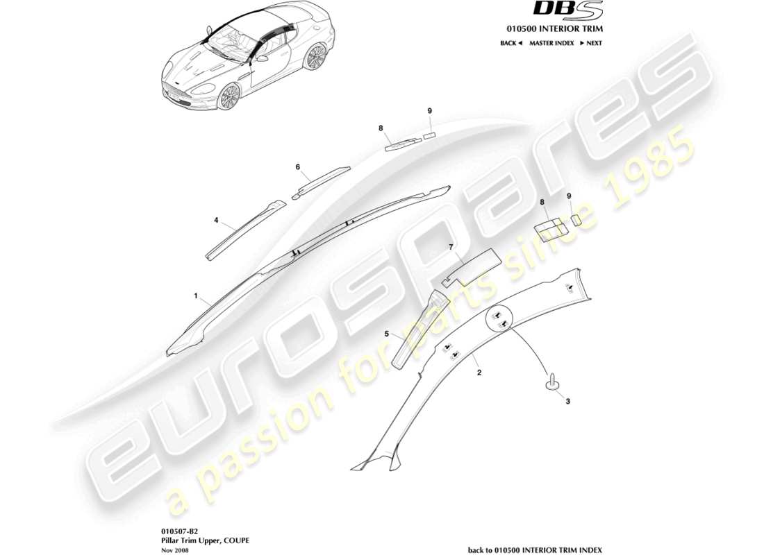aston martin dbs (2012) pillar trim, upper, coupe part diagram