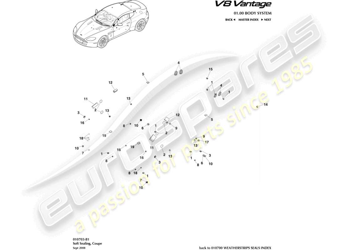 aston martin v8 vantage (2018) soft sealing, coupe part diagram