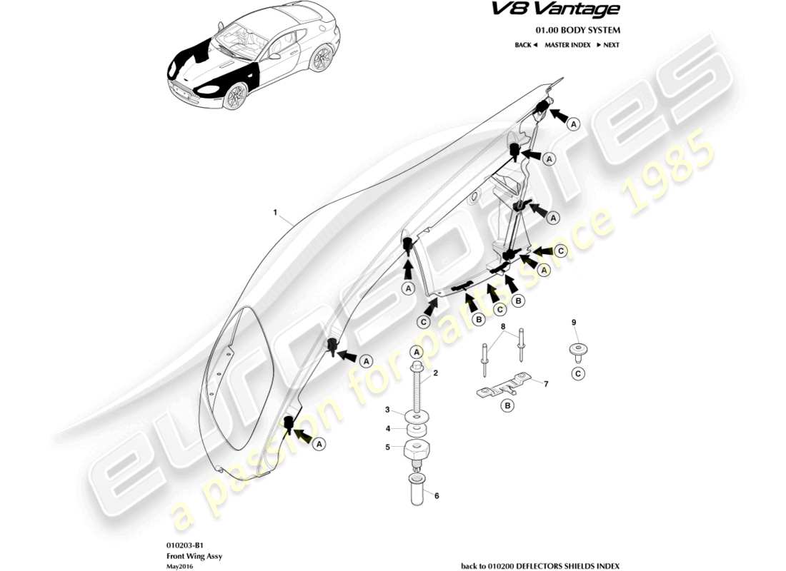 aston martin v8 vantage (2015) front wing assembly part diagram
