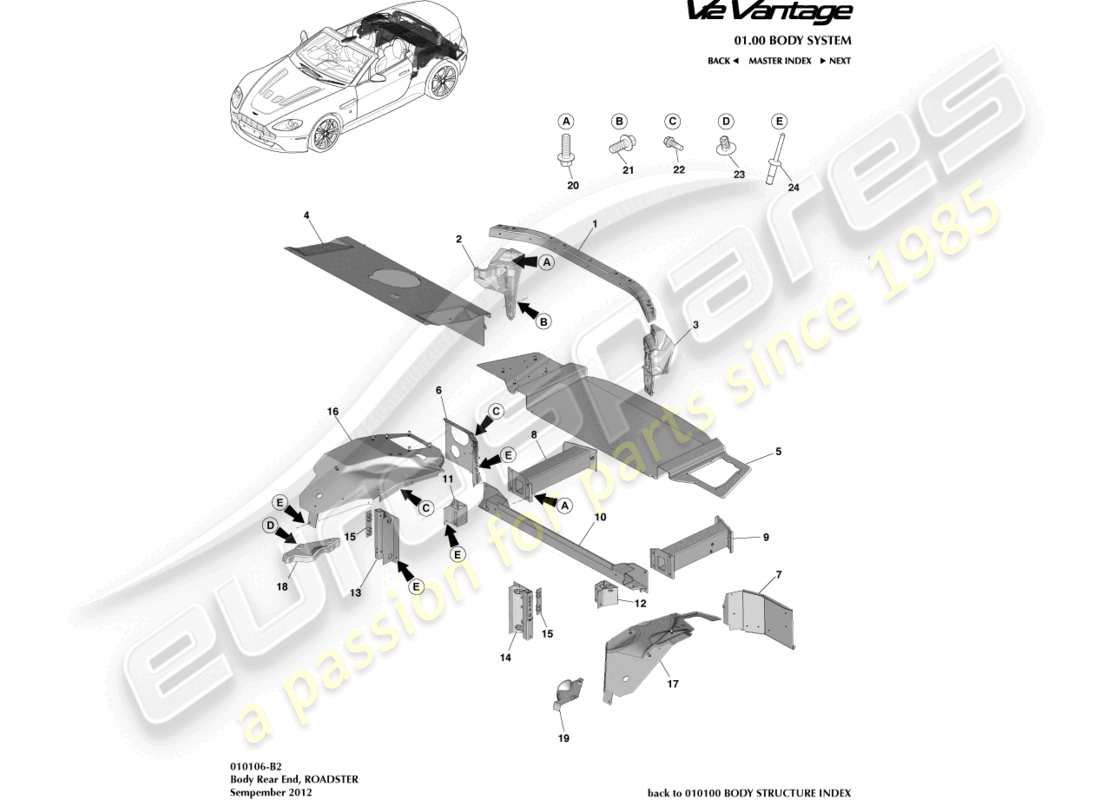 aston martin v12 vantage (2010) body rear end, roadster part diagram