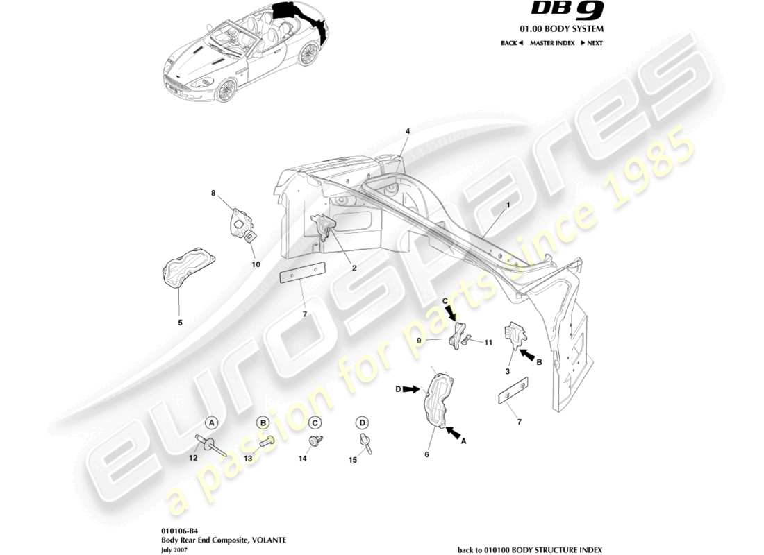 aston martin db9 (2005) body rear end composite, volante part diagram