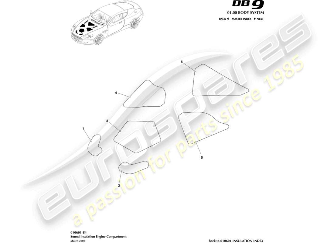 aston martin db9 (2005) sound insulation, engine comp part diagram