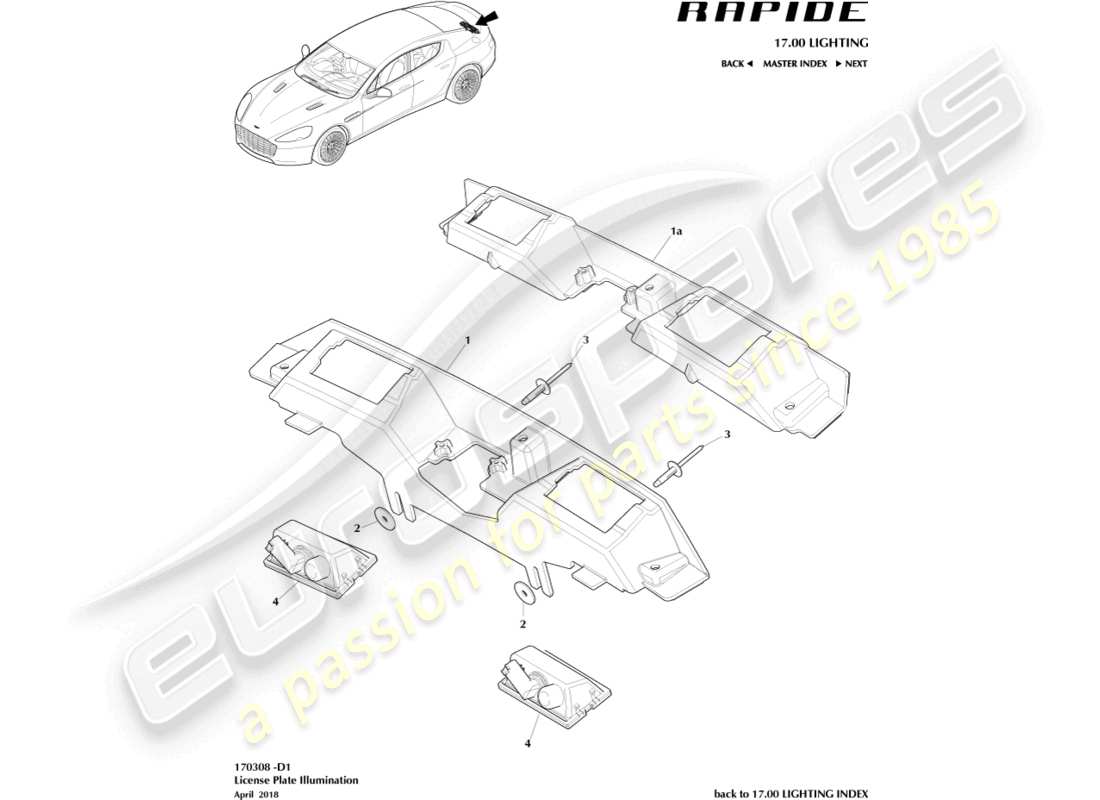 aston martin rapide (2017) license plate lamps part diagram