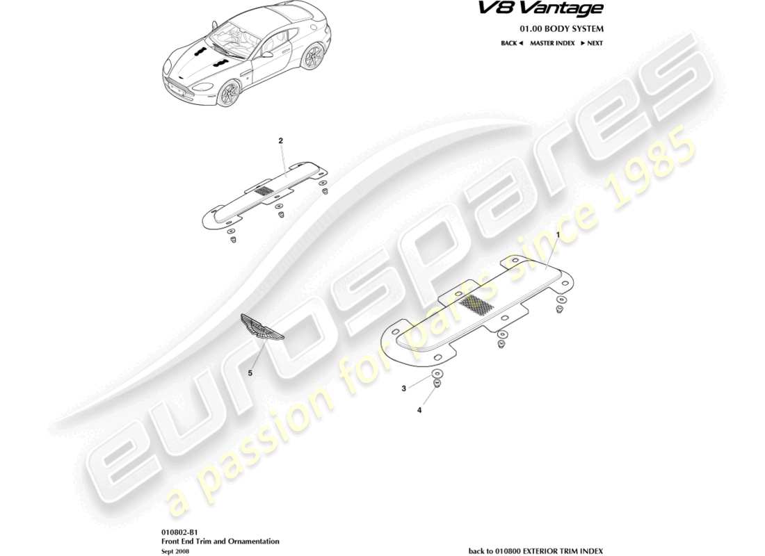 aston martin v8 vantage (2006) front end trim parts diagram