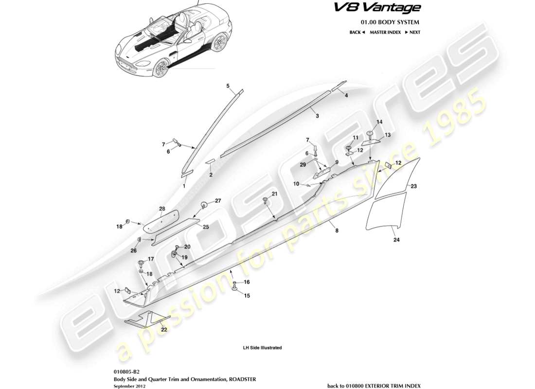 aston martin v8 vantage (2010) bodyside & quarter trim, roadster part diagram