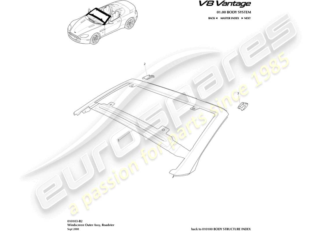 aston martin v8 vantage (2018) windscreen, outer, roadster part diagram