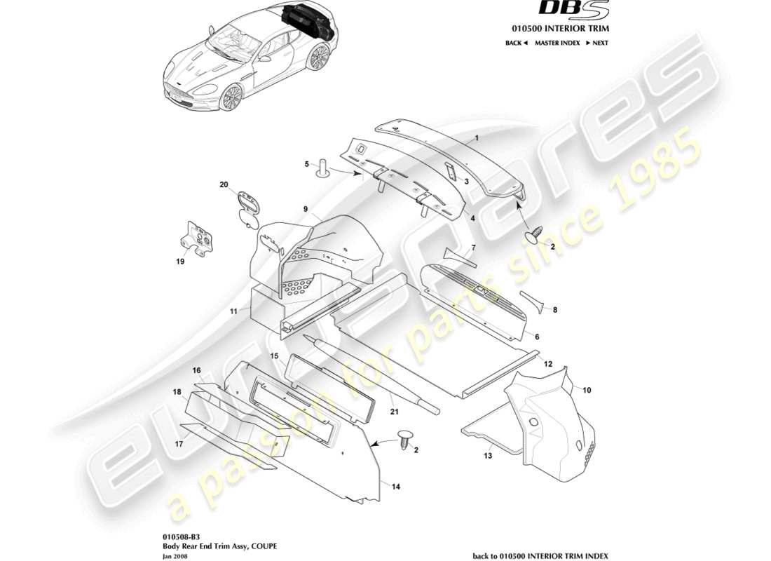 aston martin dbs (2011) rear end trim, coupe part diagram