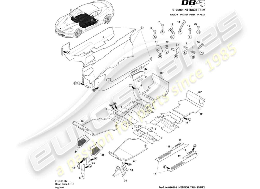 aston martin dbs (2009) floor trim, lhd part diagram